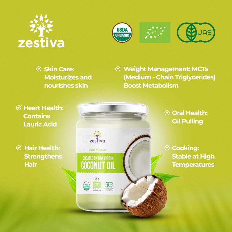 Zestiva Organic Cold Pressed EXTRA Virgin Coconut Oil, 500ml - Image 3